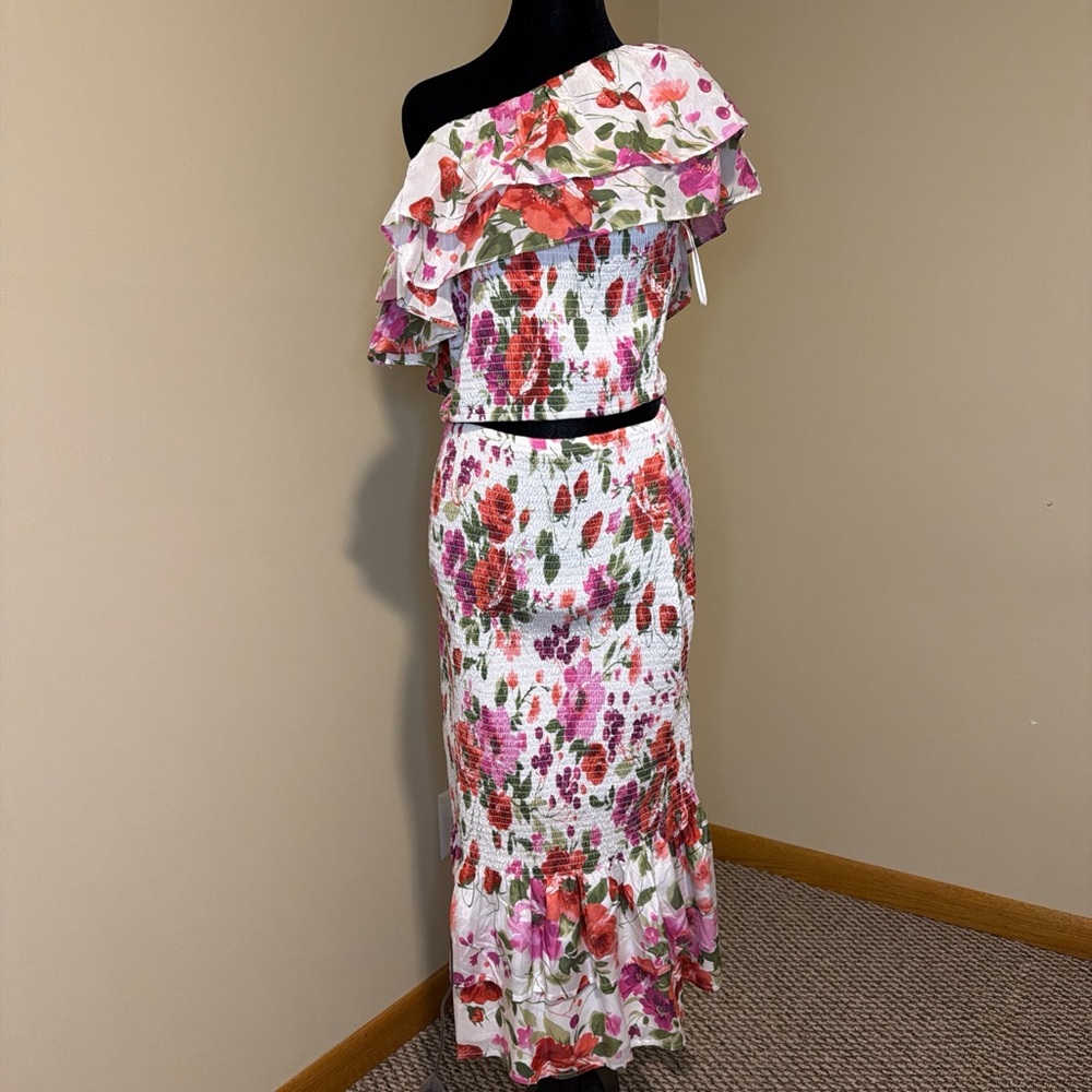 ABERCROMBIE & FITCH Womens Asymmetrical One-Shoulder Ruffle & Smocked midi skirt